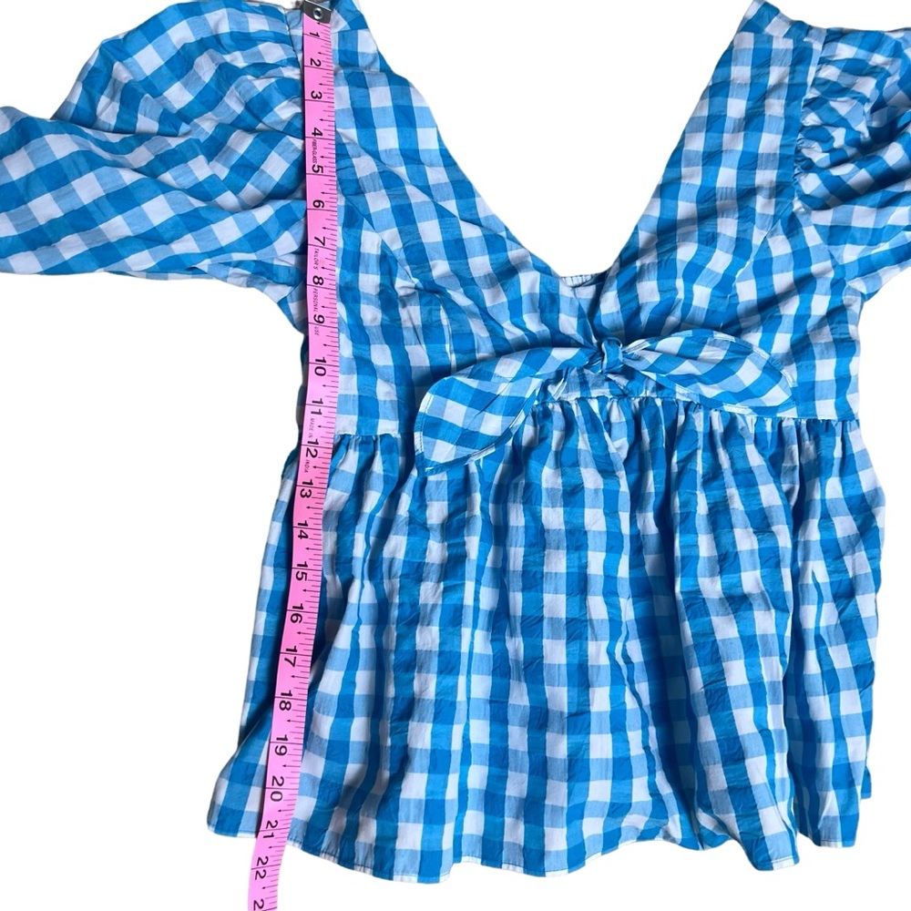 Lilly Pulitzer Sarafina Puff Sleeve Top Size 4 | Turquoise Oasis Crinkle Gingham - Picture 9 of 16